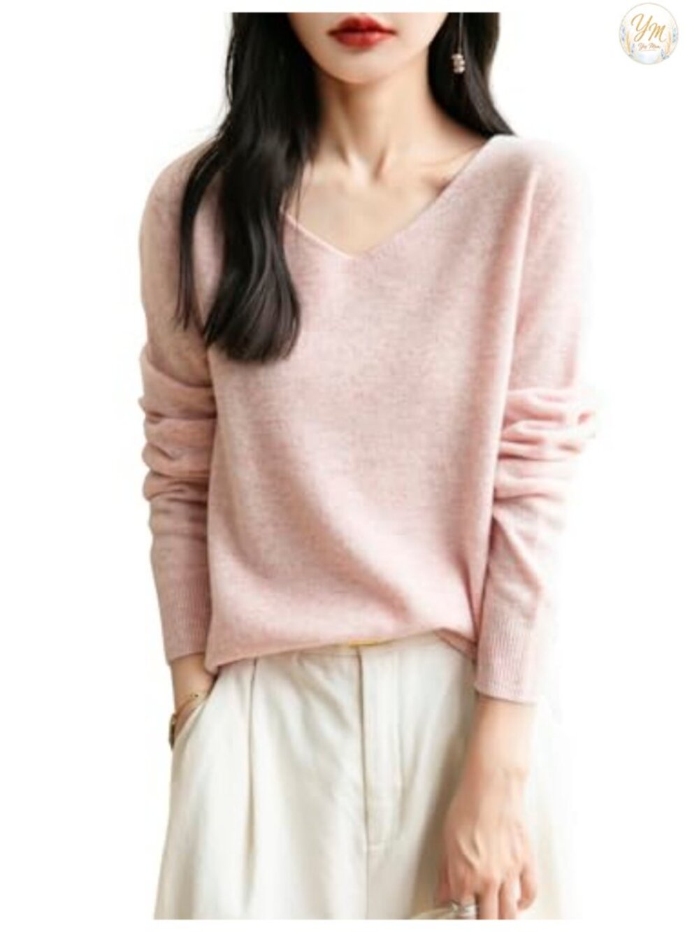 100% Merino Wool V-Neck Seamless Knit Sweater Long Sleeve Pullover